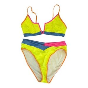Salty Wave XL Colorblock Ribbed Bikini Top - Lime, Blue & Hot Pink NWOT
